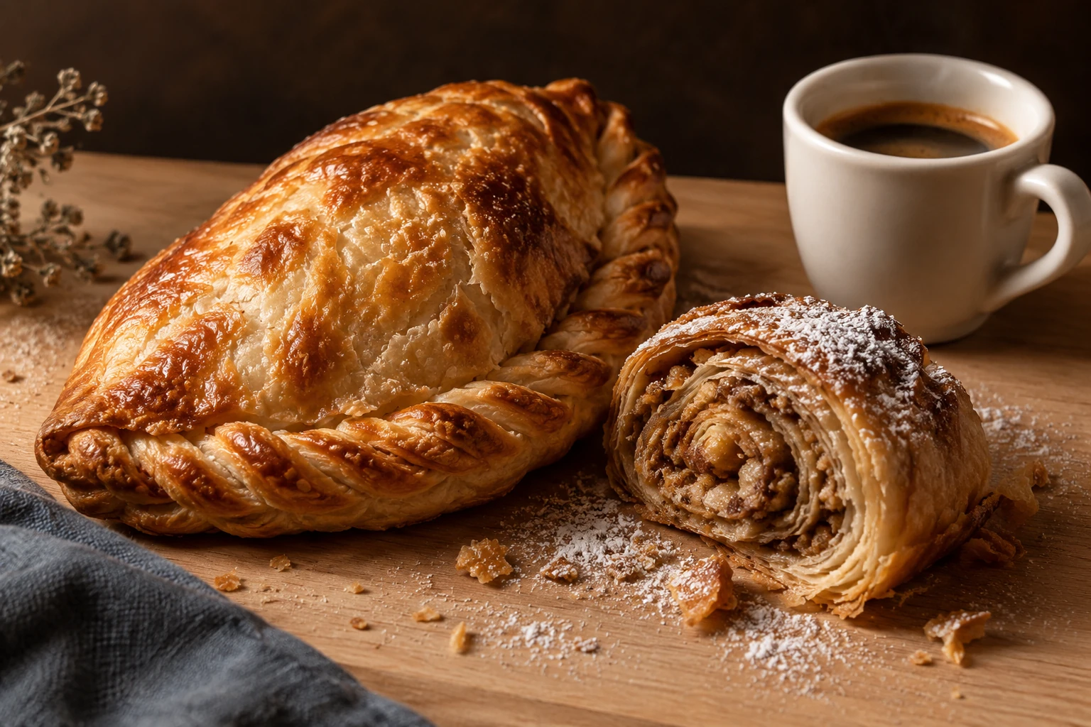 Illustrative pastry still life with a golden empanada, a powdered strudel and espresso; not a photograph of exact Aphrodite's Sweets inventory.